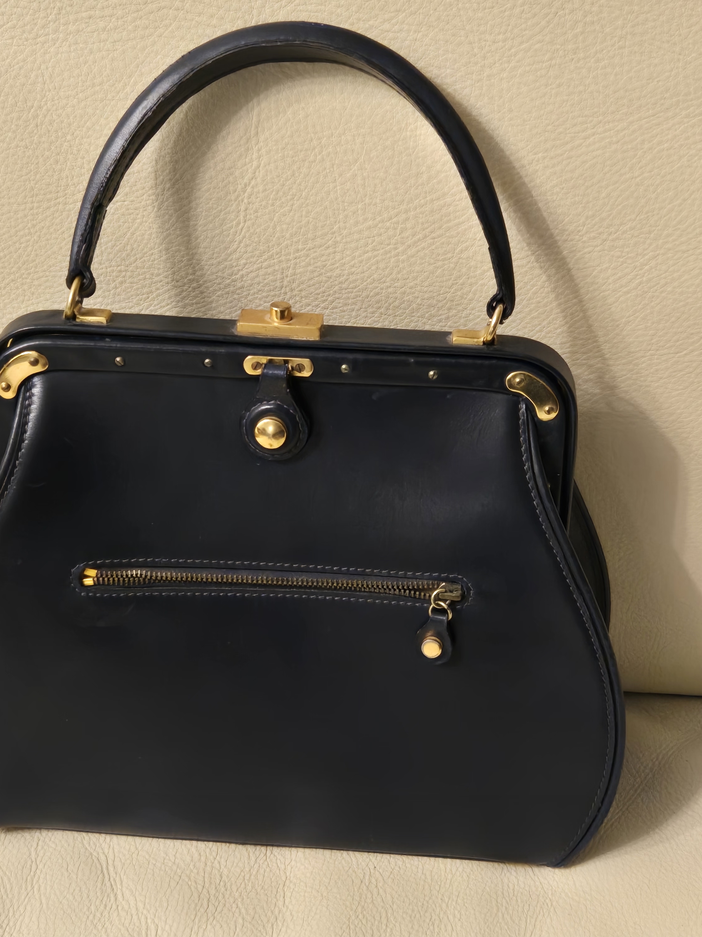 1950 Fernande Desgranges Black Leather Satchel With Gold Hardware
